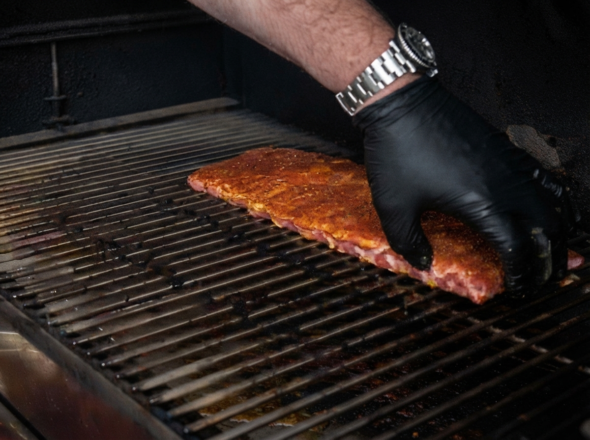 Des mains gantées disposant des ribs assaisonnés sur les grilles métalliques dun fumoir.