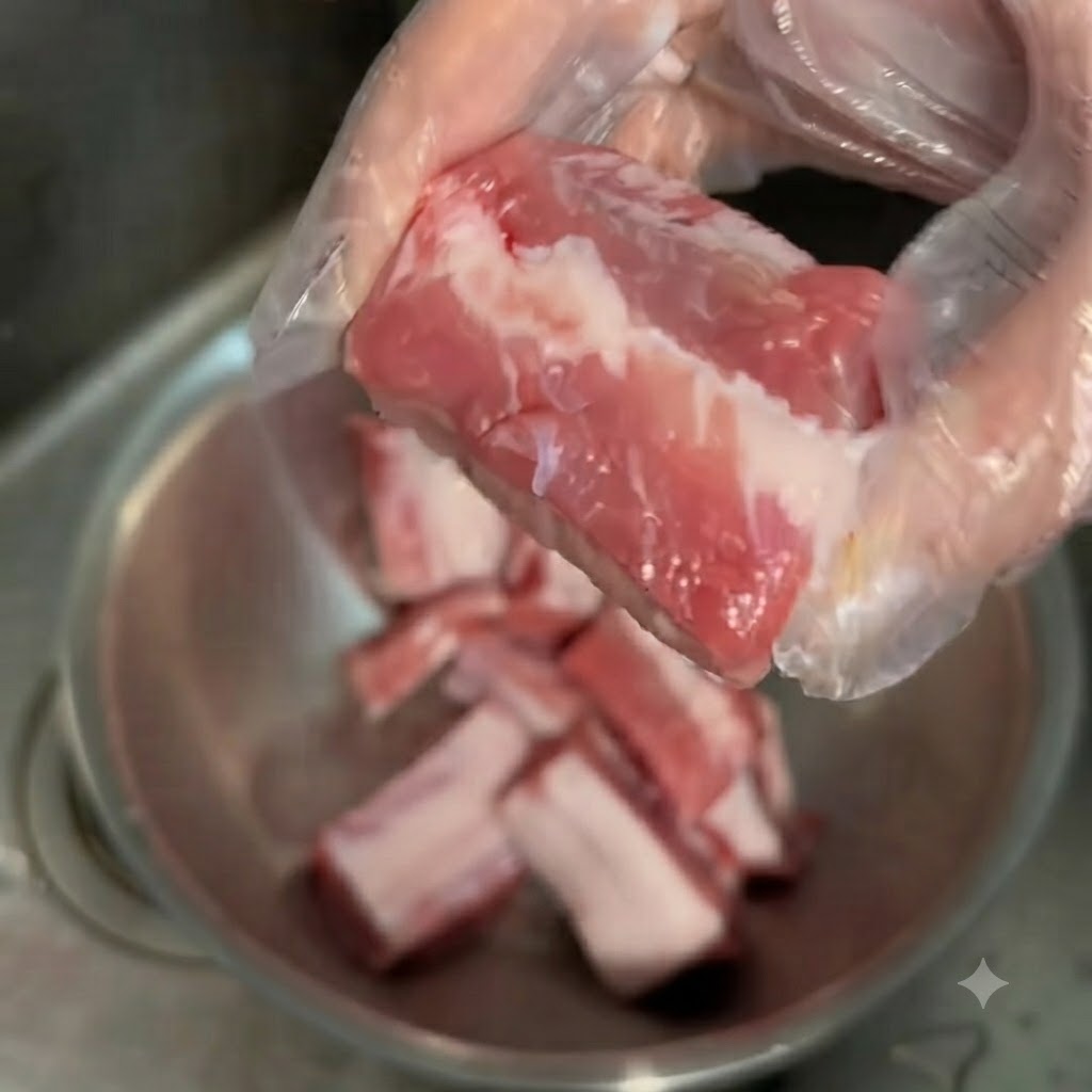 Morceaux de travers de porc frottés avec de la farine et de leau dans un bol mélangeur en acier inoxydable.