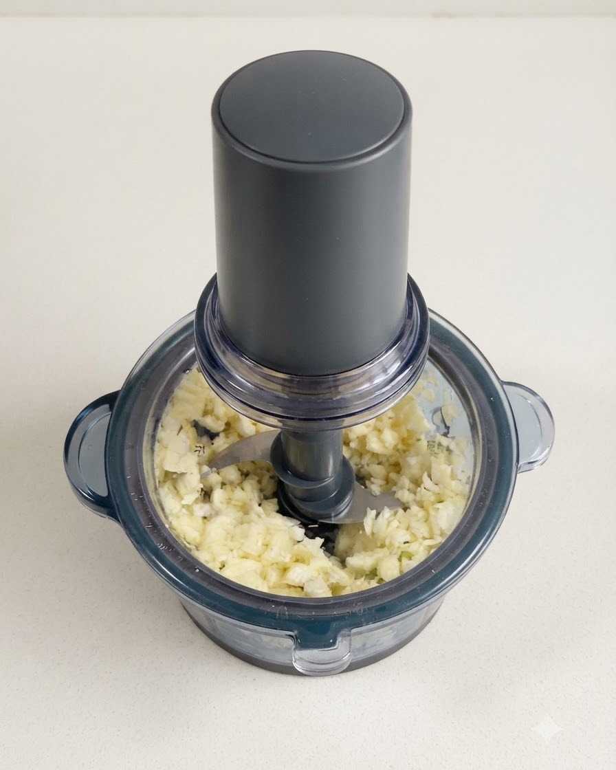 Des gousses dail réduites en fin hachis à lintérieur dun petit robot culinaire électrique.