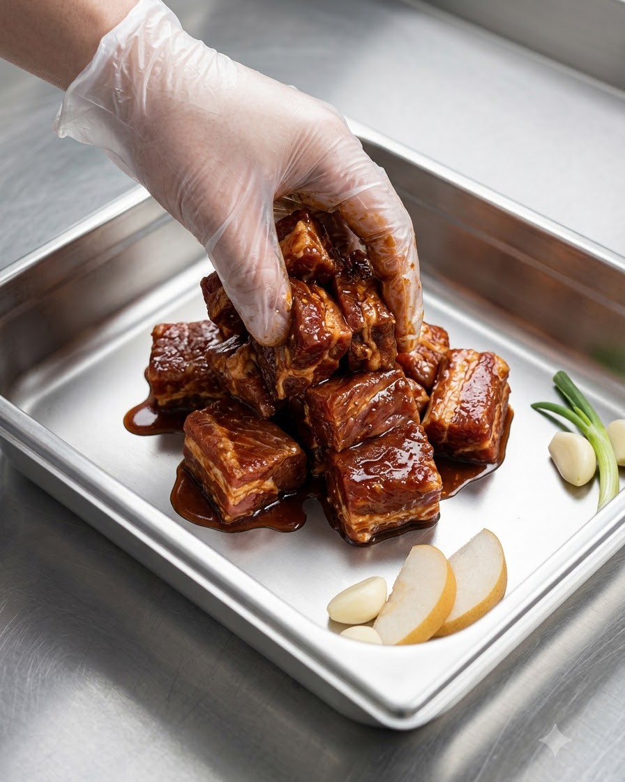 Une main gantée mélangeant et massant soigneusement les ingrédients de la marinade dans les travers de porc.