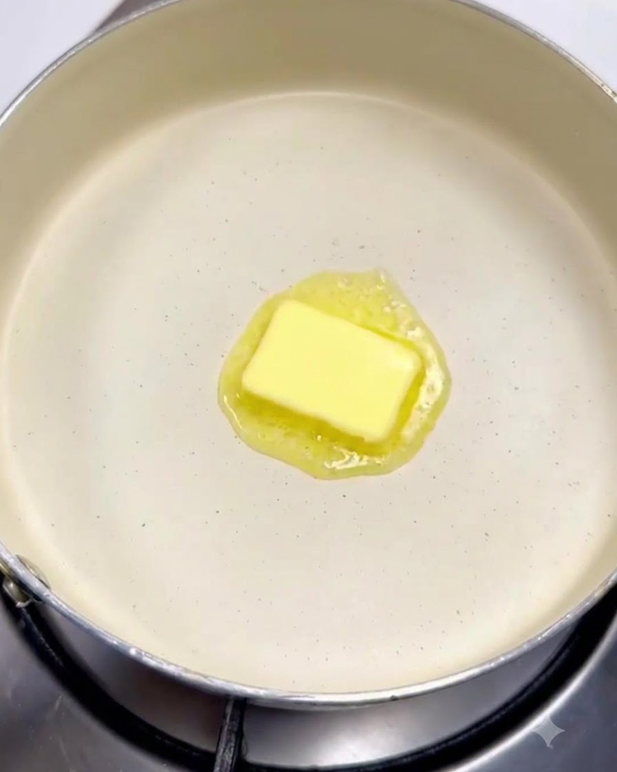 Un bloc de beurre en train de fondre au centre dune poêle blanche propre sur un brûleur de cuisinière.