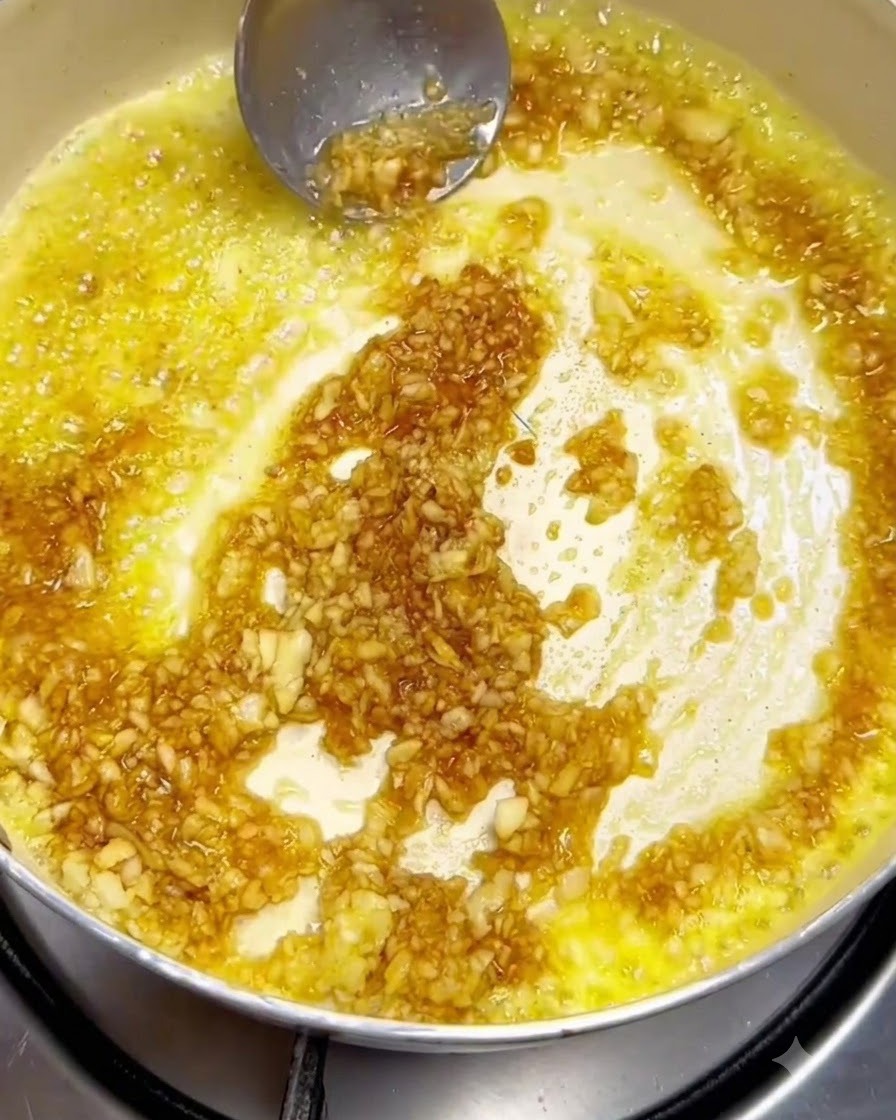 De lail émincé et des ingrédients de sauce mélangés dans le beurre fondu dune poêle à laide dune louche en métal.
