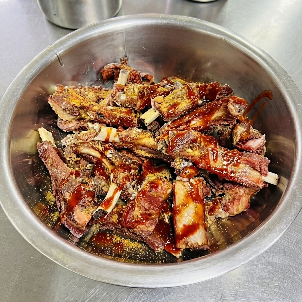 Sauce rouge versée à partir dune bouteille souple sur un bol de côtes de porc frites.