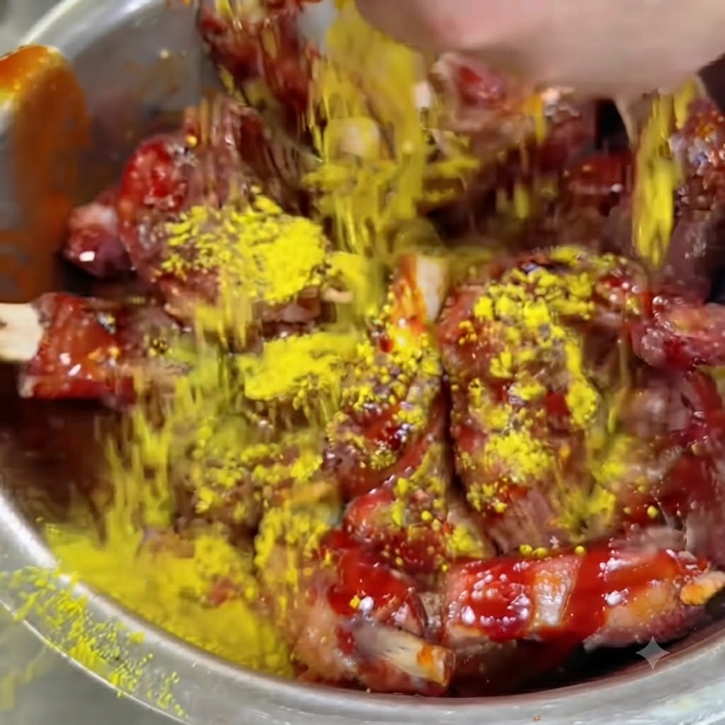 Poudre dassaisonnement jaune saupoudrée sur les côtes de porc enrobées de sauce dans un bol.