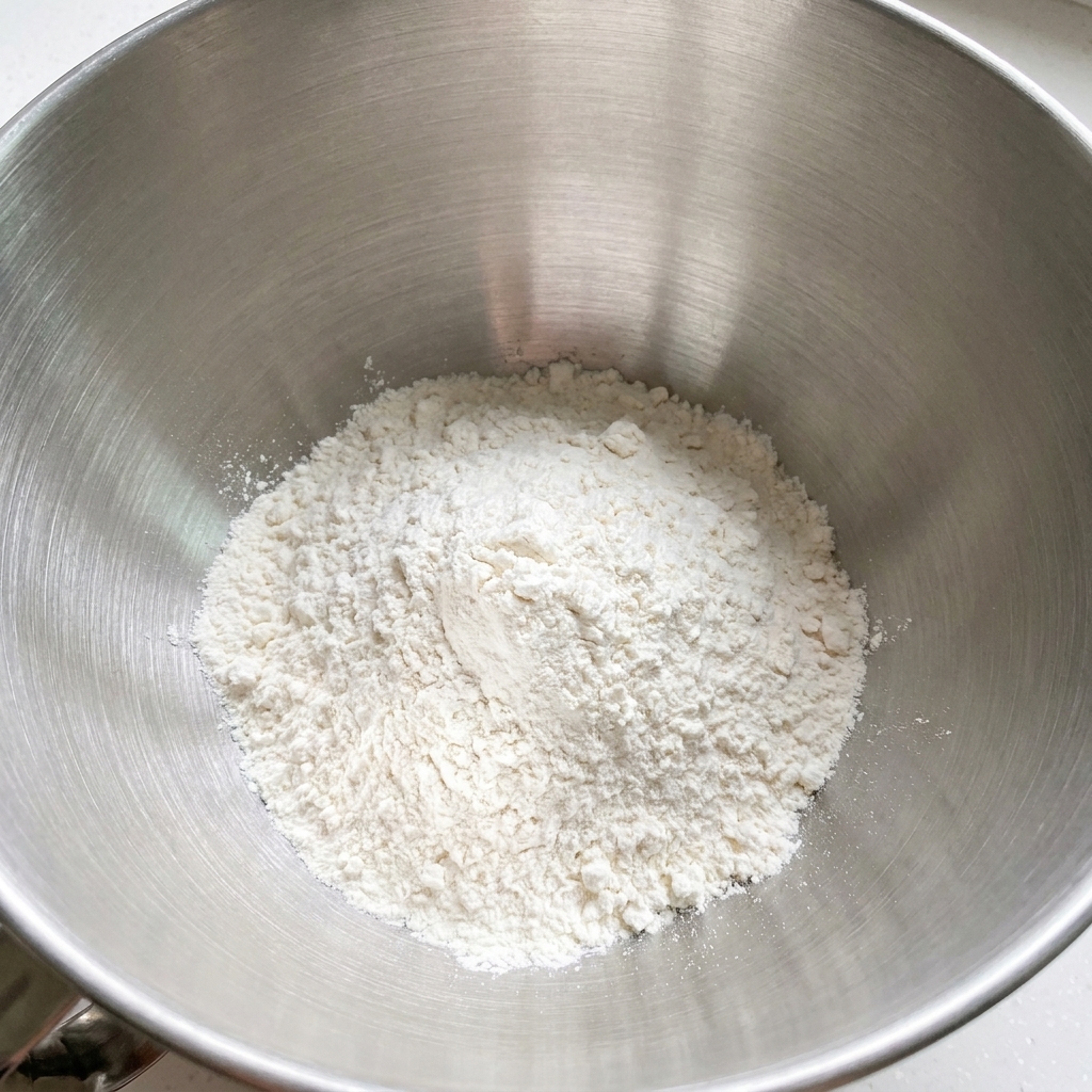 Farine sèche empilée dans un bol mélangeur en acier inoxydable.