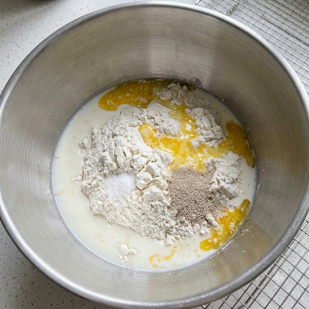 Lait, œufs, levure et sucre versés sur de la farine dans un bol mélangeur en acier inoxydable.