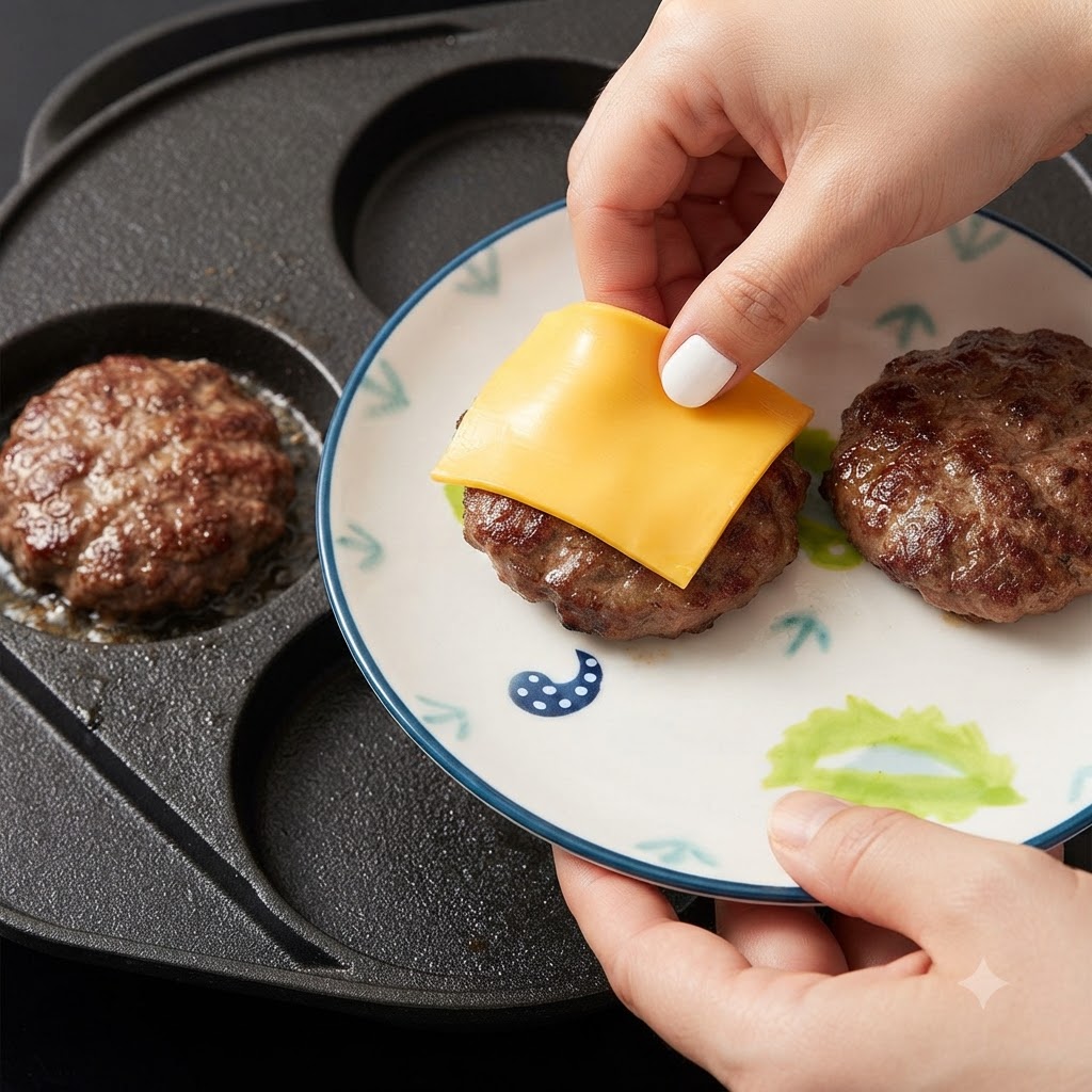 Une main posant une tranche de fromage carrée jaune sur un steak de burger cuit dans une assiette à motifs.