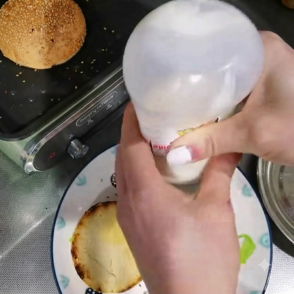 Pressage de la mayonnaise dune bouteille sur la moitié dun pain à burger toasté dans une assiette.