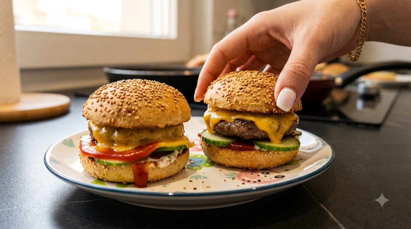 Deux mini cheeseburgers faits maison sur une assiette décorative, lun deux étant tenu à la main.