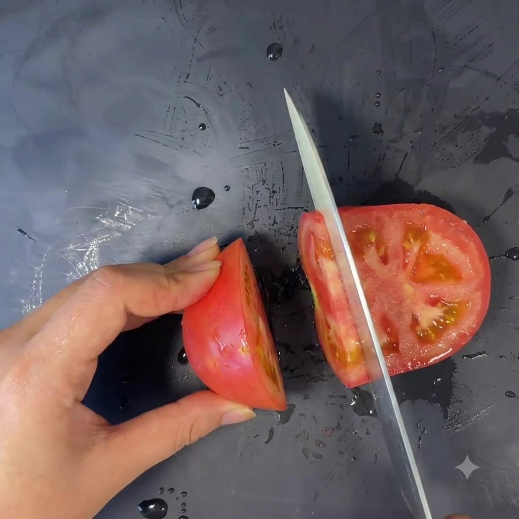 Une tomate coupée en tranches avec un couteau en céramique blanc sur une surface sombre.