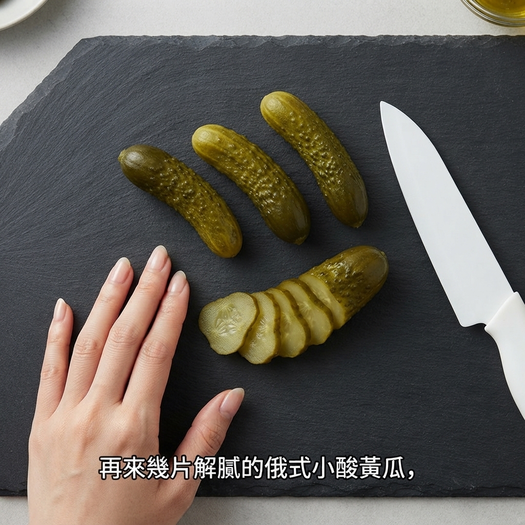 Plusieurs petits cornichons russes coupés en rondelles avec un couteau blanc.