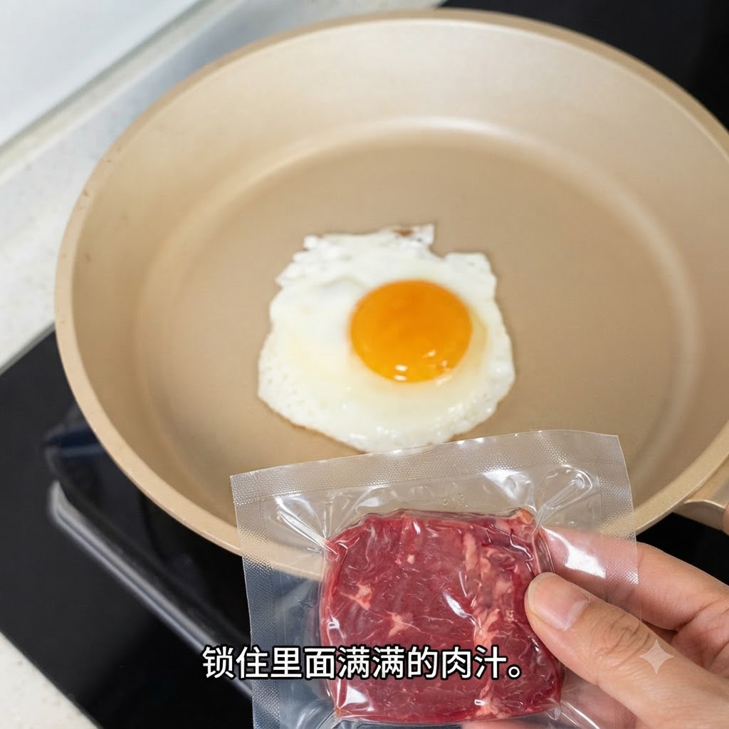 Un steak haché Angus emballé tenu au-dessus dune poêle contenant un œuf au plat.