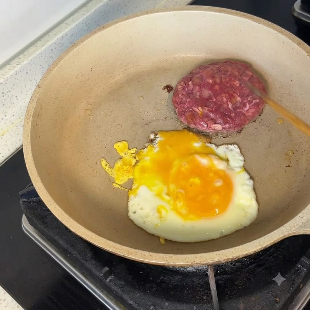Un steak haché Angus cru et un œuf au plat cuisant dans une poêle avec une spatule en bois à proximité.
