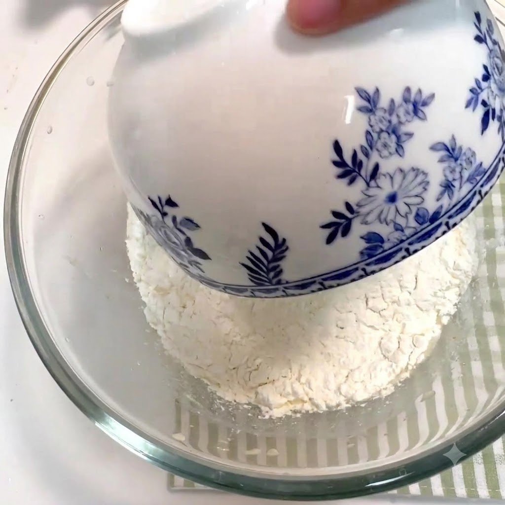 De la farine riche en gluten, de la poudre de fruit du cactus et du sel ajoutés au mélange liquide dans le bol.