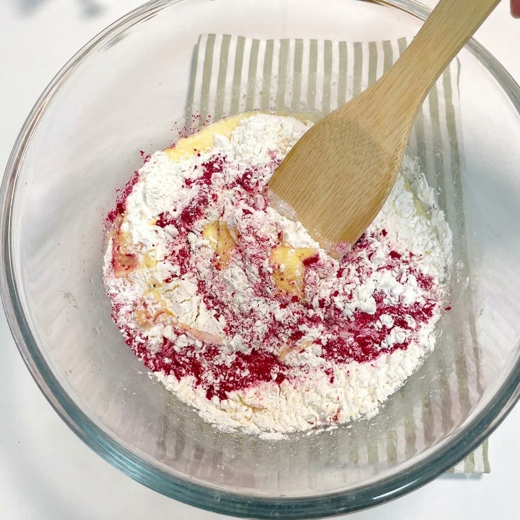 Ingrédients mélangés en une pâte rose à laide dune spatule à lintérieur dun bol en verre.