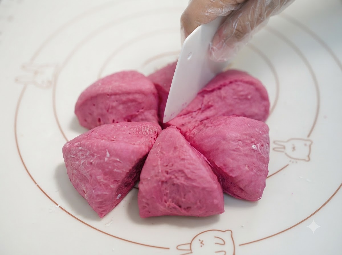 Pâte rose coupée et divisée en 6 portions égales à laide dun coupe-pâte.