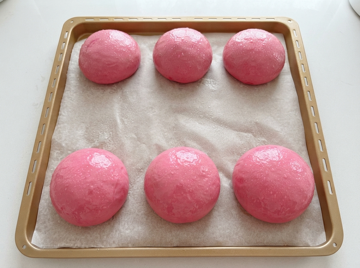 Surface de pains à la pâte rose levée vaporisée deau et saupoudrée de graines de sésame.