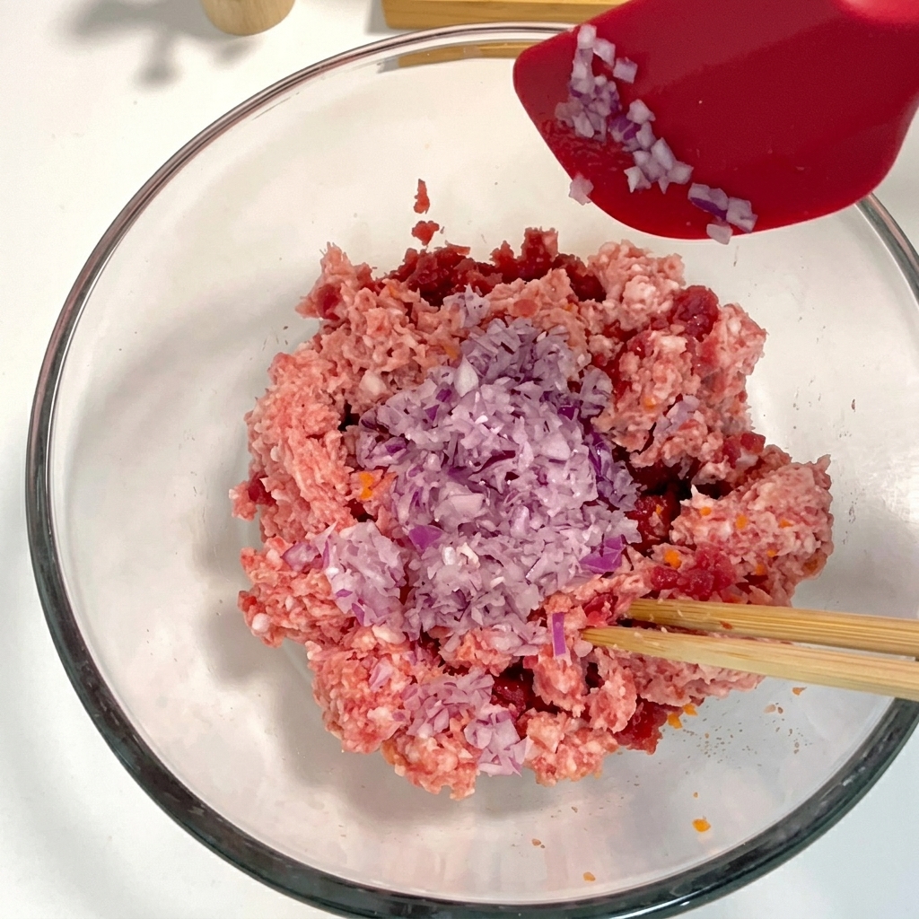 Spatule en silicone rouge raclant des oignons hachés violets de sa surface directement dans un bol de viande et de légumes hachés.