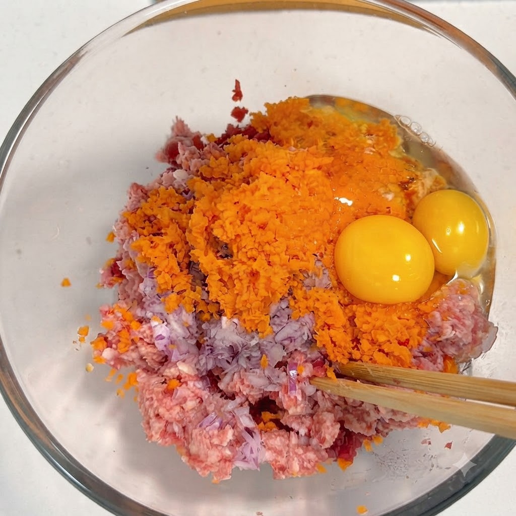 Deux jaunes dœufs crus posés sur des carottes orange râpées, des oignons violets et de la viande hachée à lintérieur dun bol en verre transparent.