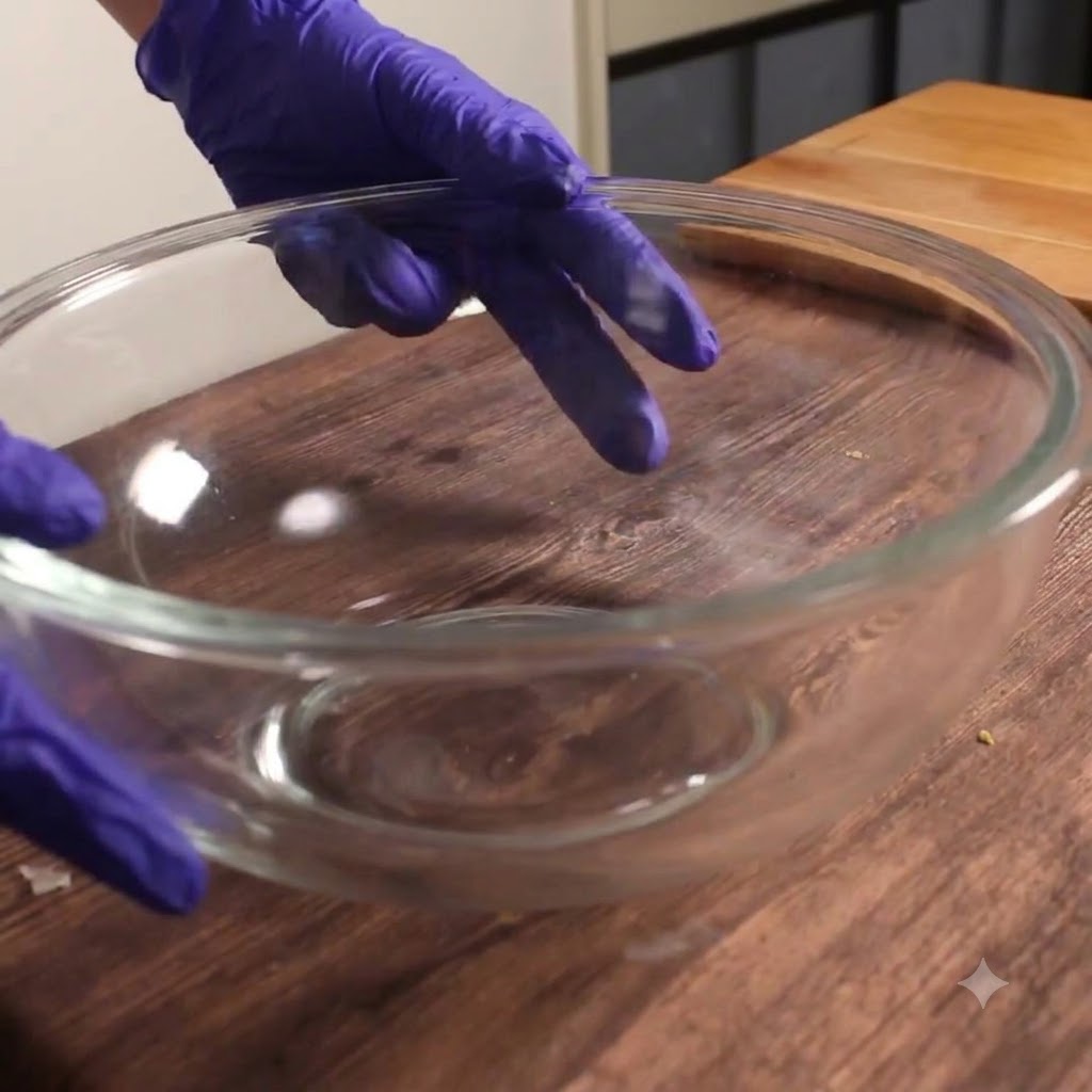 Un grand bol en verre contenant de la viande hachée assaisonnée de sel, mélangée soigneusement à la main avec des gants bleus.