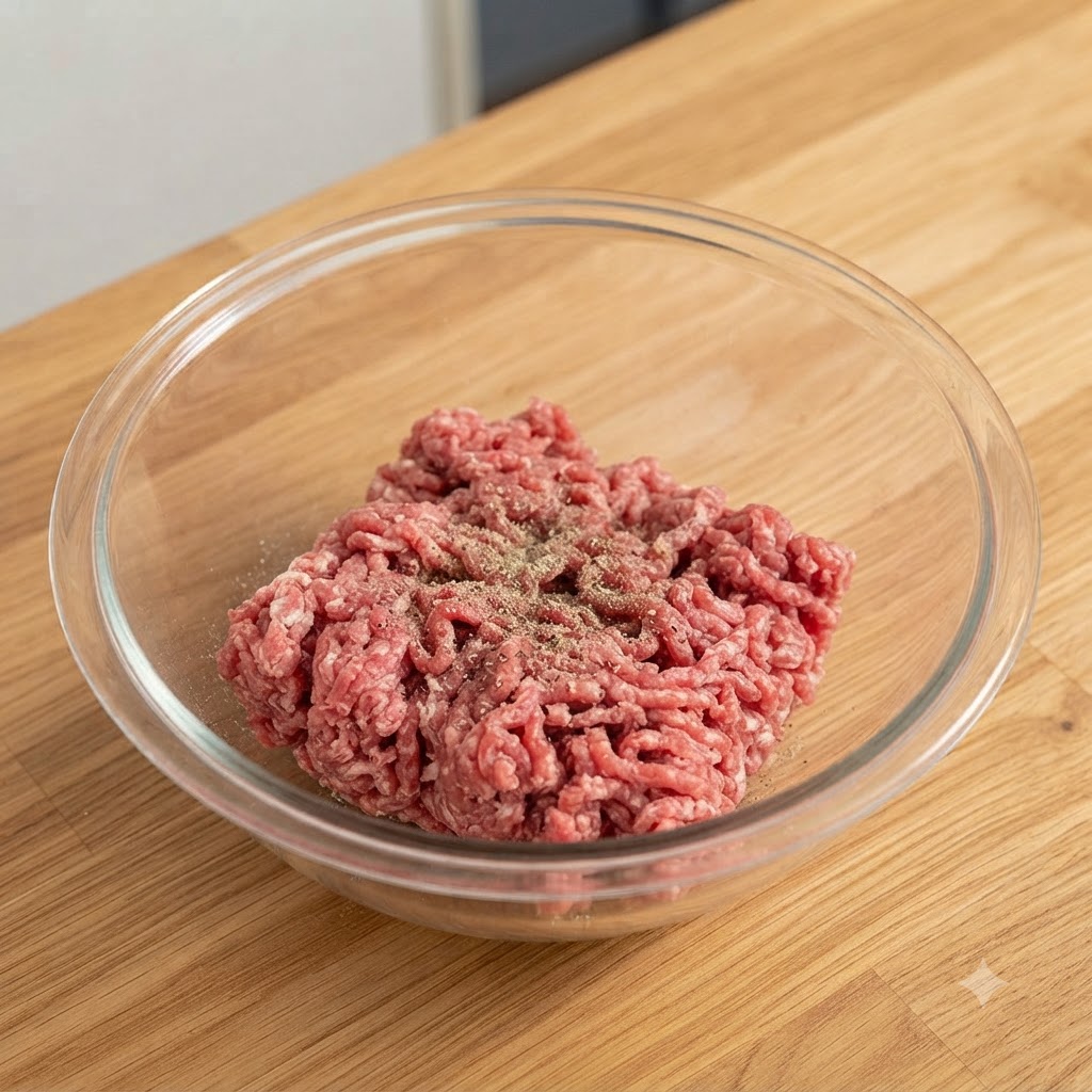De la viande hachée dans un bol en verre mélangée avec du poivre blanc, un œuf et des morceaux doignon ramollis.