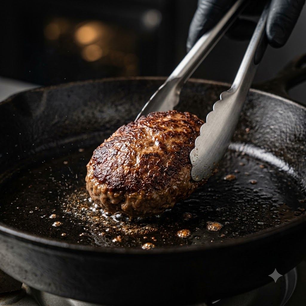 Un steak de viande façonné qui saisit et dore dans une poêle en fonte chaude, manipulé avec des pinces en métal.