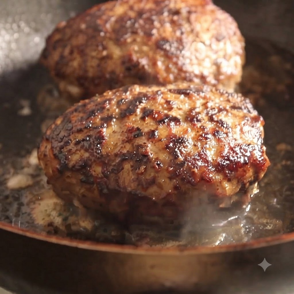 Des steaks de viande en train de saisir dans une poêle avec de leau qui sévapore sous un couvercle en verre.