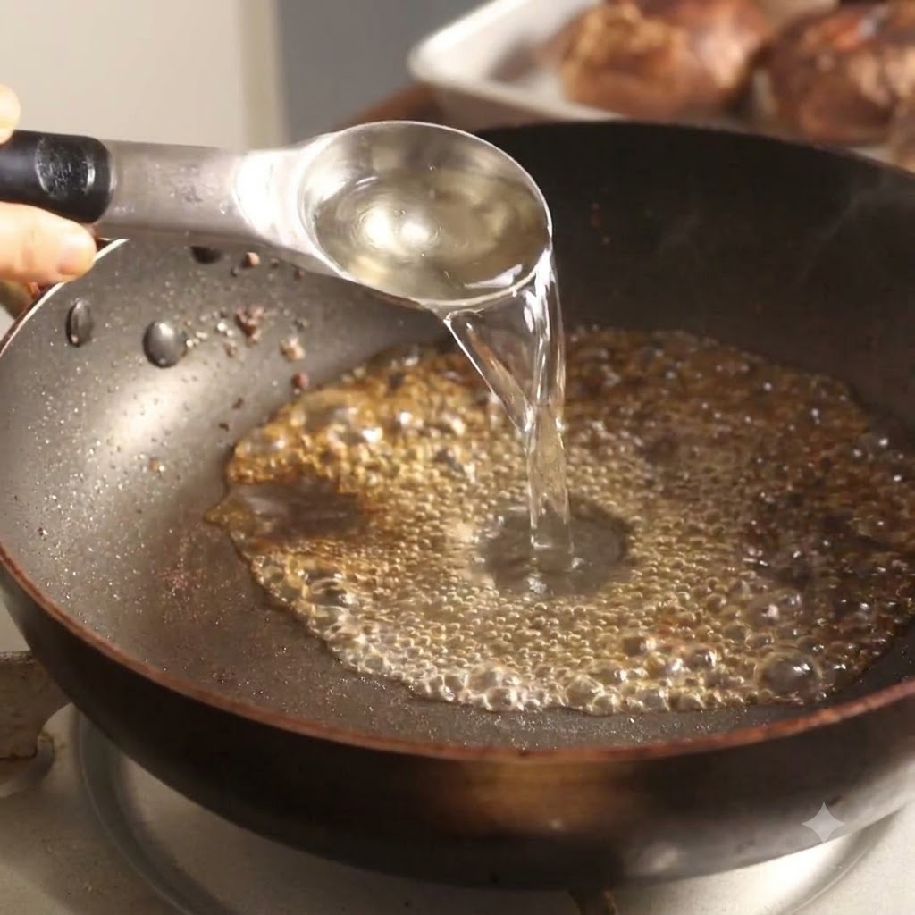 Du saké versé dune cuillère mesure dans une poêle chaude contenant un liquide frémissant.