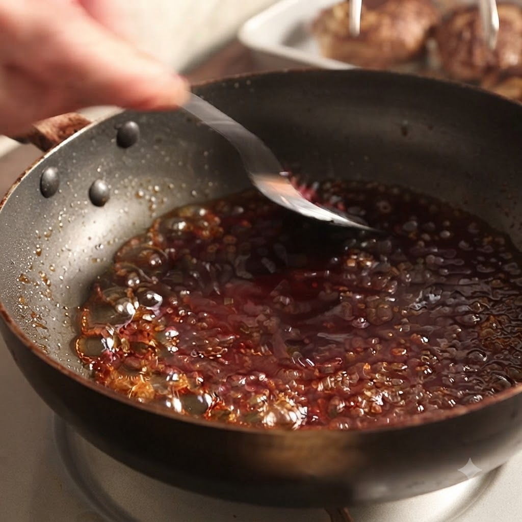 Un mélange damidon versé dans une poêle remplie de sauce brune frémissante et mélangé avec une cuillère.