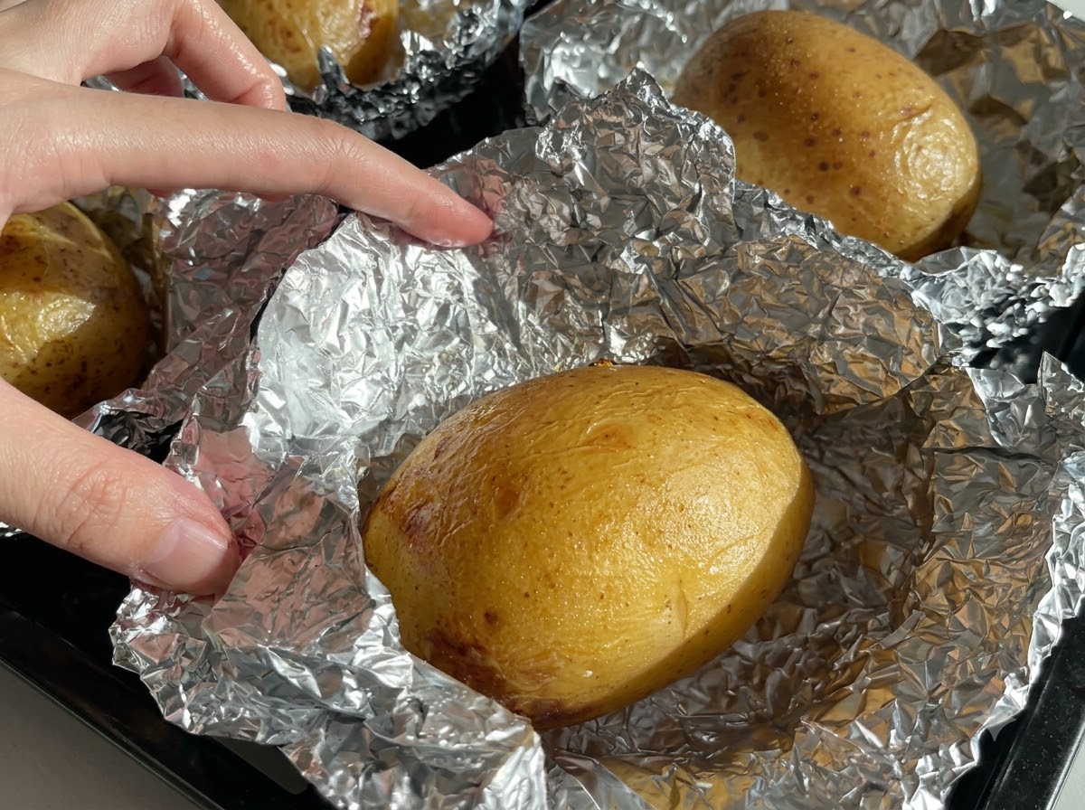 Une pomme de terre cuite coupée en deux dans le sens de la longueur sur une planche en bois.