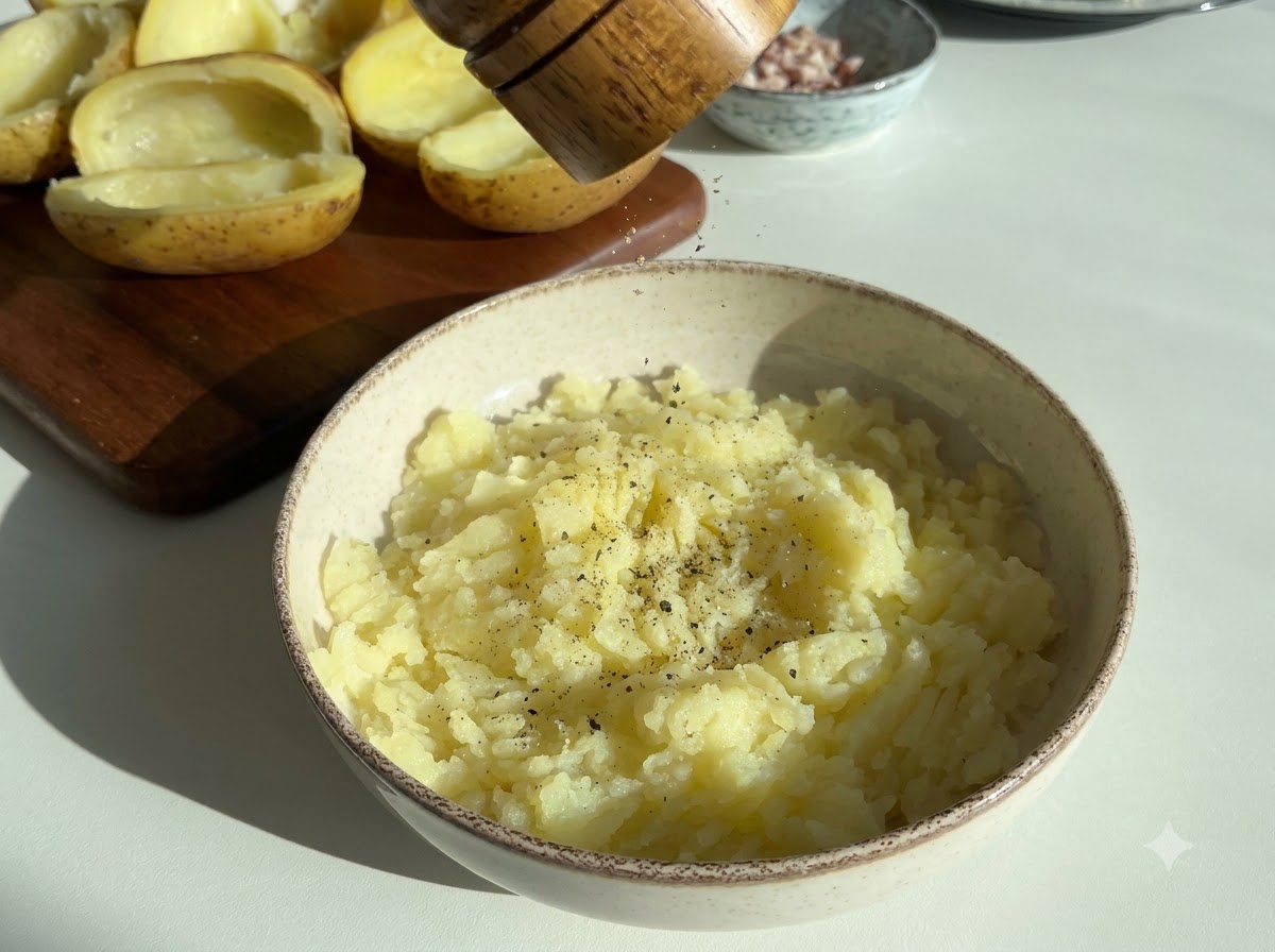 Poivre noir assaisonné sur un bol de pommes de terre fraîchement écrasées.
