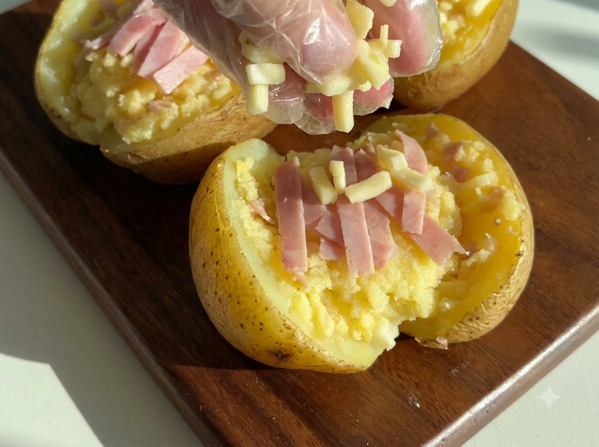 Une main gantée saupoudrant du fromage râpé et du jambon haché sur des peaux de pommes de terre évidées et garnies.