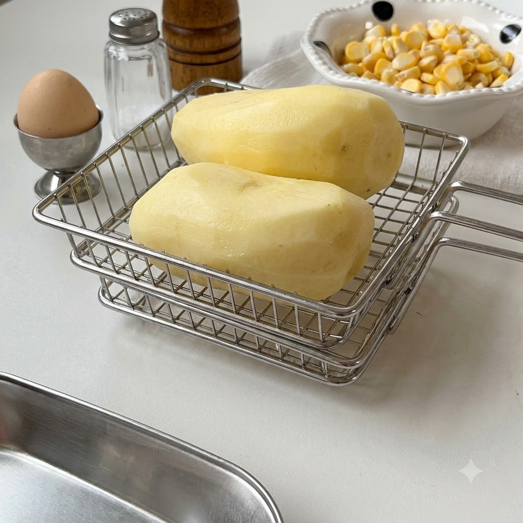 Deux pommes de terre crues pelées sur une grille à côté dun bol de maïs doux et dun œuf entier sur une surface blanche.