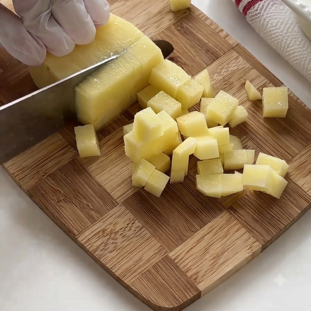 Des mains gantées coupant des pommes de terre crues en petits cubes sur une planche à découper en bois.