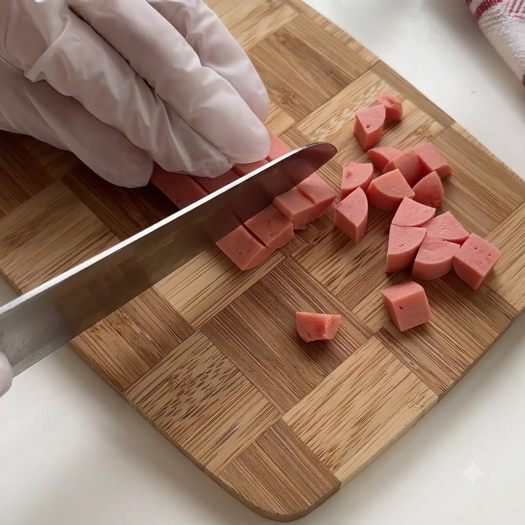 Une main gantée coupant une saucisse rose en petites rondelles sur une planche en bois.