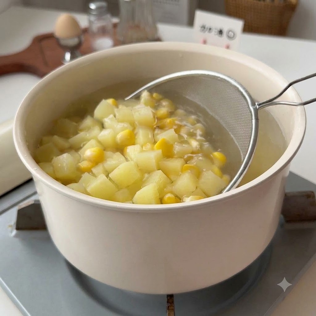 Une écumoire en maillage sortant des morceaux de pommes de terre et de maïs cuits dune casserole deau.