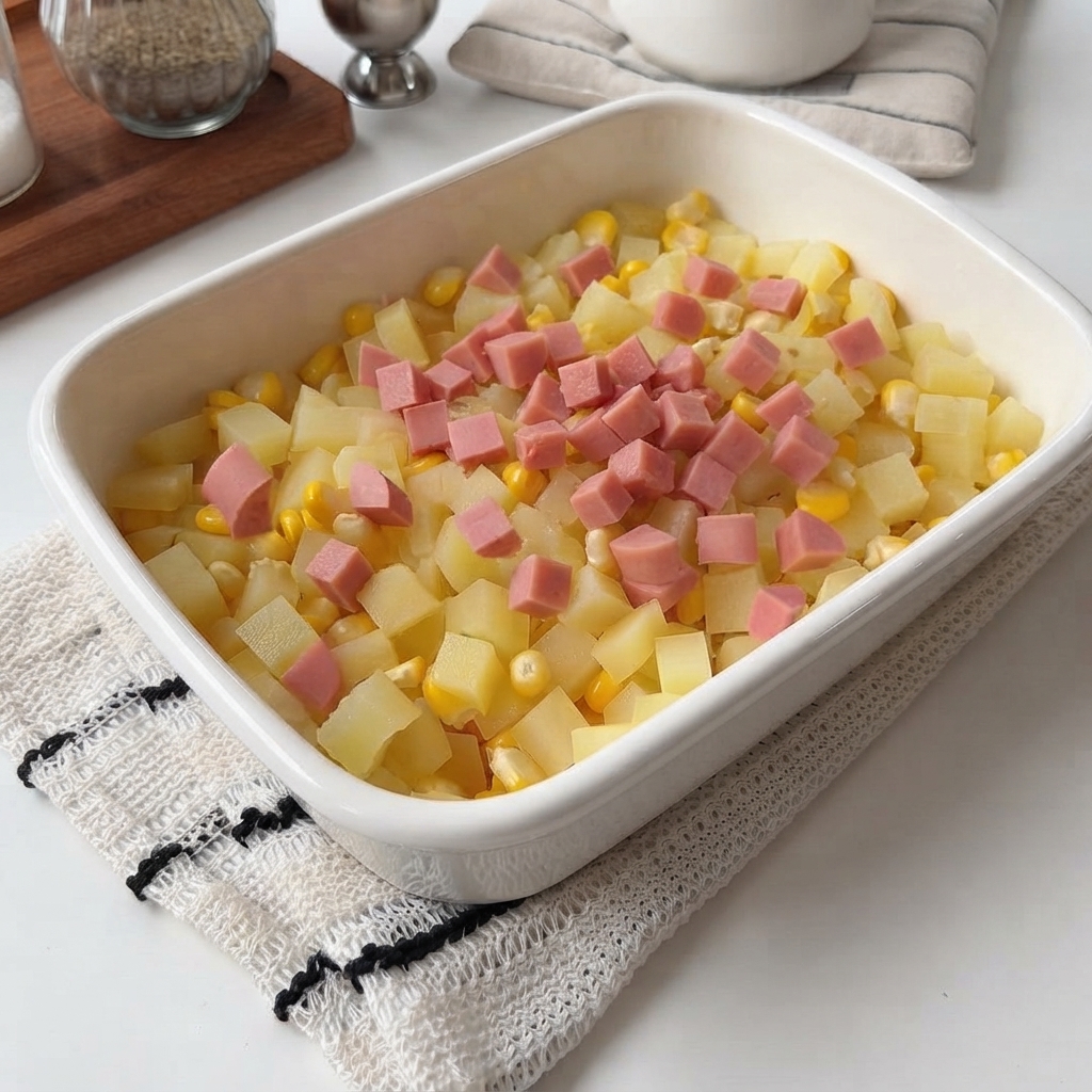 Un plat de cuisson blanc rempli de pommes de terre bouillies, de maïs et de morceaux de jambon en dés.