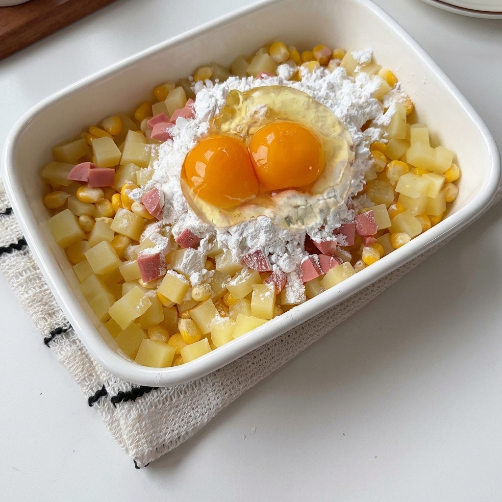 Deux œufs entiers et du poivre noir posés sur le dessus du mélange de pommes de terre et de maïs à lintérieur du récipient blanc.