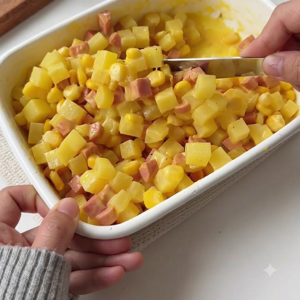 Une spatule remuant et mélangeant tous les ingrédients à lintérieur du récipient blanc.