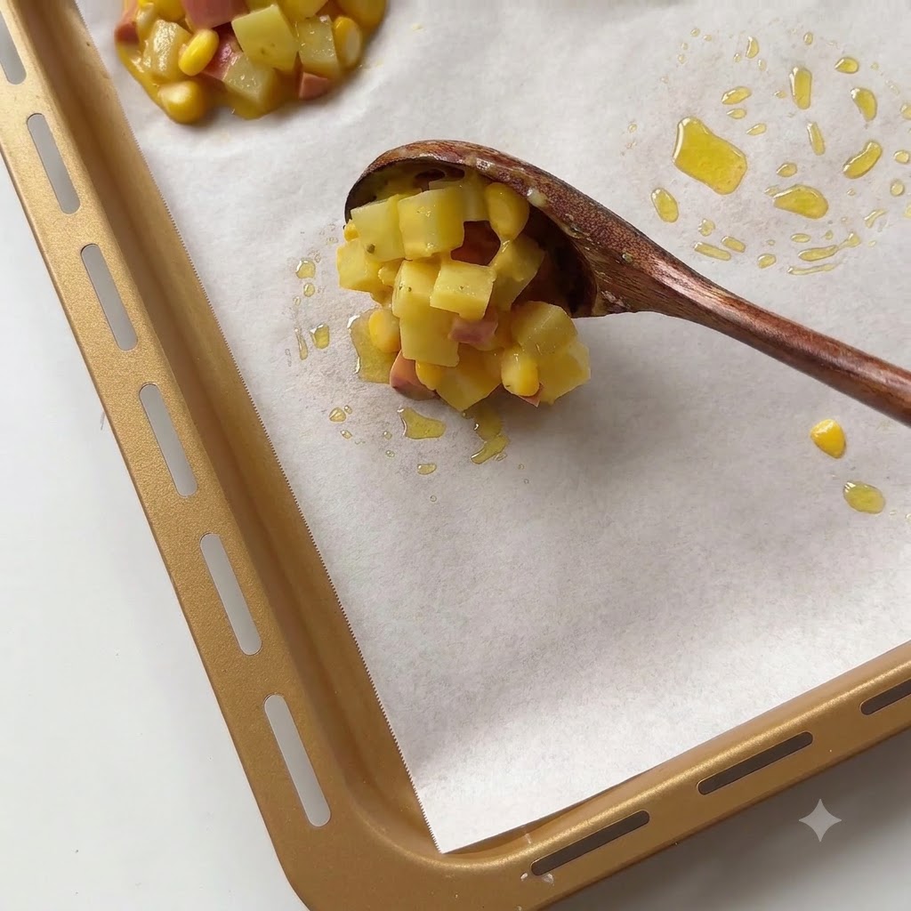 Une cuillère en bois déposant une portion du mélange de pommes de terre sur du papier sulfurisé sur une plaque de cuisson.
