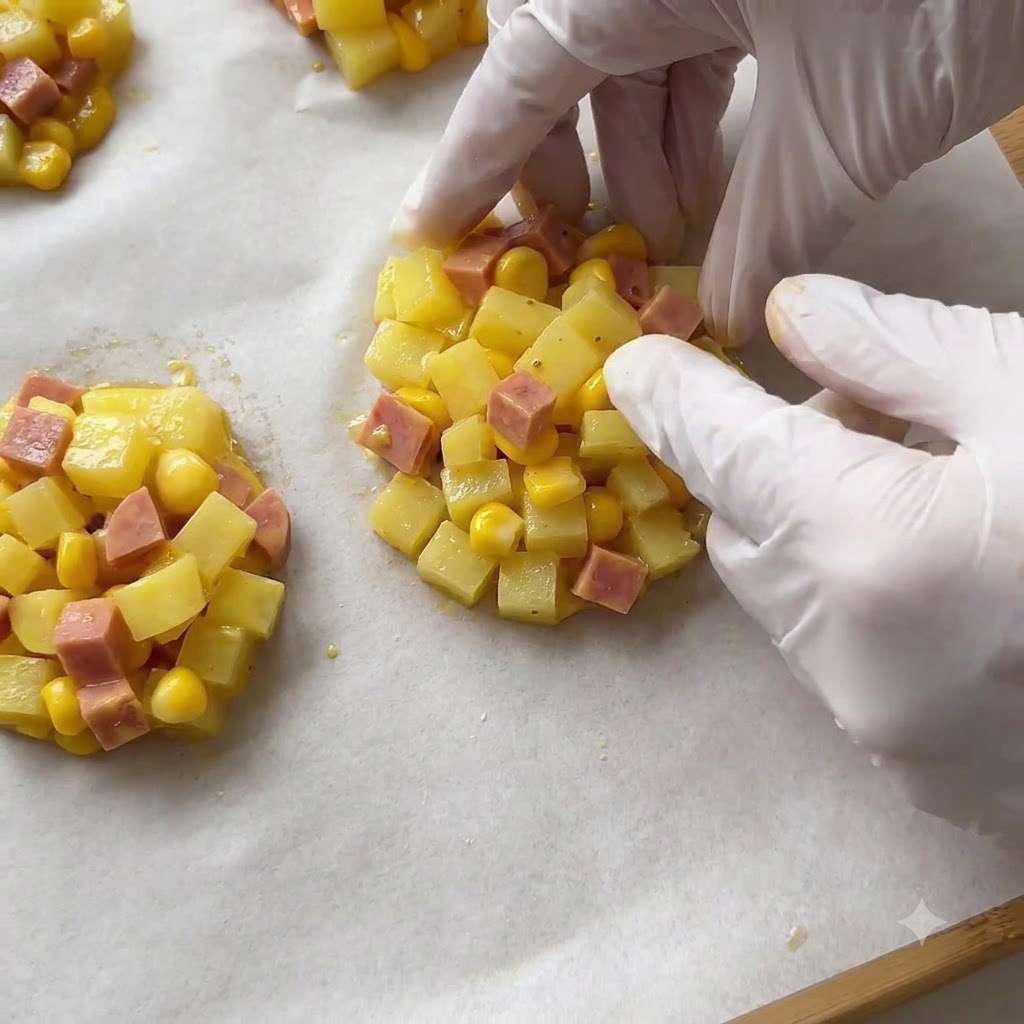 Une main gantée façonnant le mélange de pommes de terre et de maïs en jolies galettes rondes sur une plaque de cuisson.