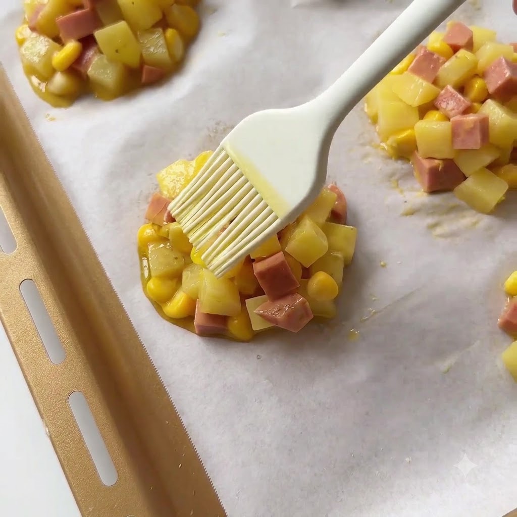 Un pinceau en silicone appliquant de lhuile de cuisson sur le dessus dune galette de pommes de terre façonnée.