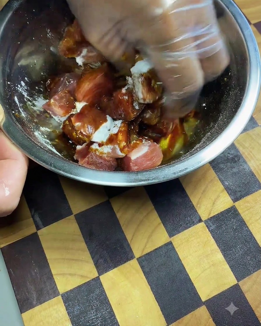 Une main gantée pétrissant et massant la sauce soja foncée et les épices dans les cubes de porc à lintérieur dun bol en métal.