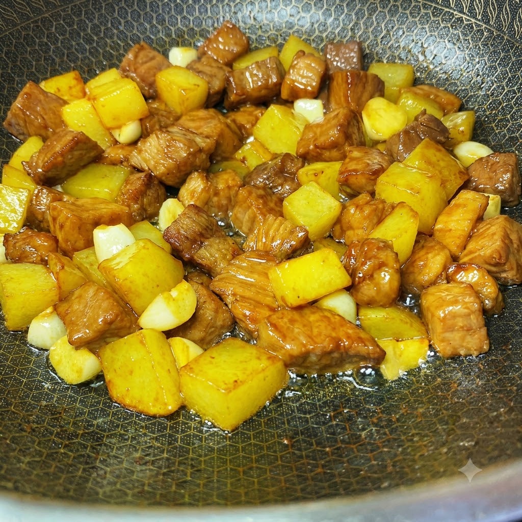 Épices comme la poudre de piment rouge, le cumin et les graines de sésame saupoudrées sur le porc et les pommes de terre dans un wok.