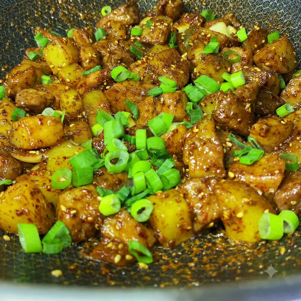 Ciboulette verte fraîchement hachée éparpillée sur les cubes de porc et de pommes de terre rôtis au cumin finis dans un wok.