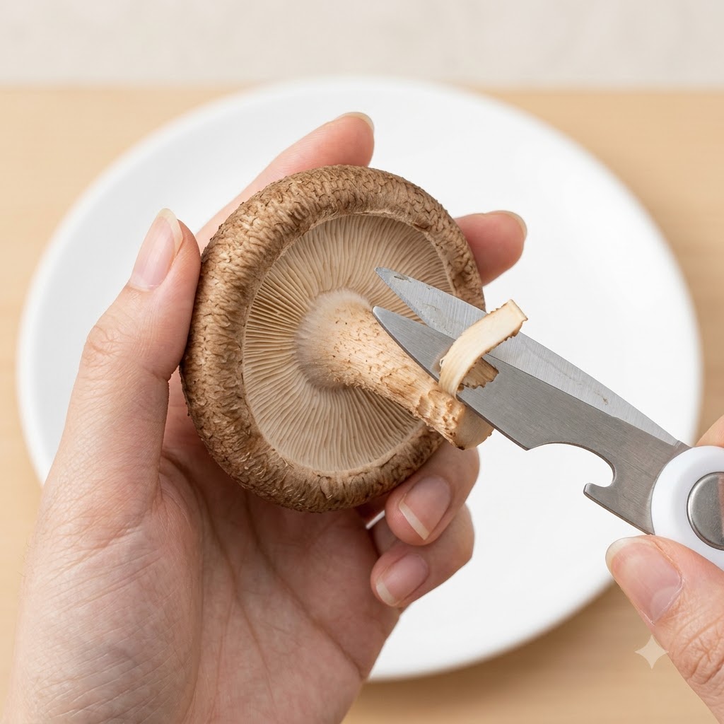 Des mains utilisent des ciseaux de cuisine pour couper le pied dun champignon shiitake frais.
