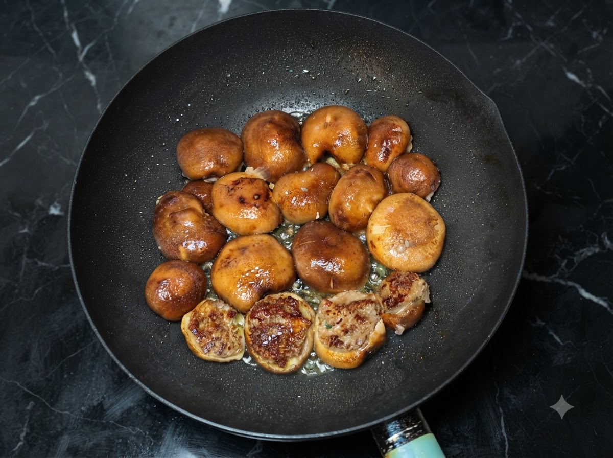 Des champignons shiitake en train de frire dans un wok, certains déjà retournés révélant une viande bien dorée.