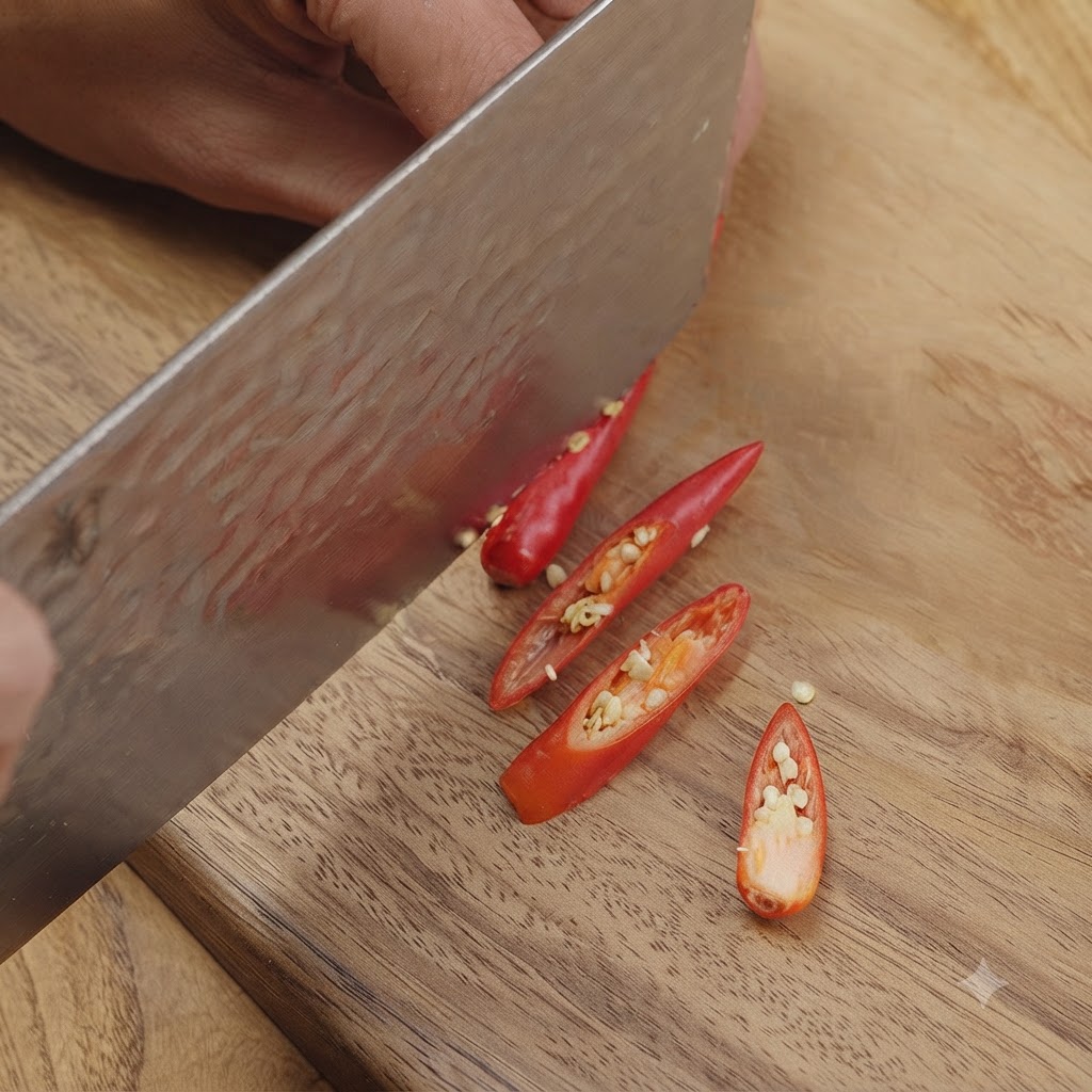 De petits piments rouges coupés en diagonale sur une planche à découper en bois à laide dun couperet.