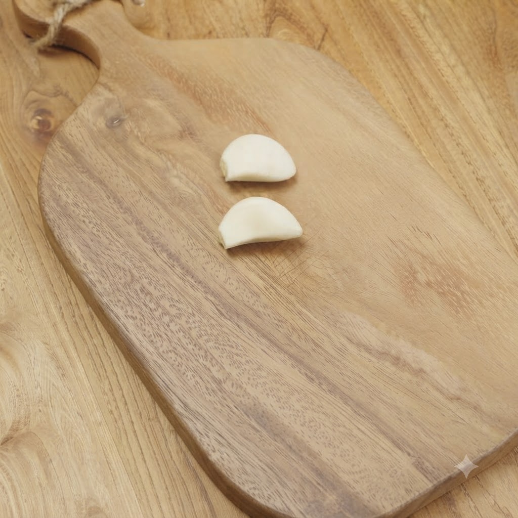 Des gousses dail épluchées posées sur une planche à découper en bois avant dêtre écrasées.