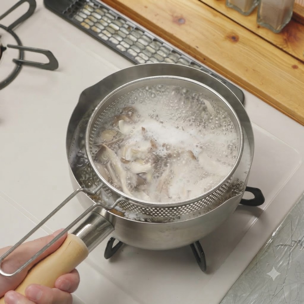 Des champignons ostreacés effilochés retirés dune casserole deau bouillante à laide dune passoire métallique.